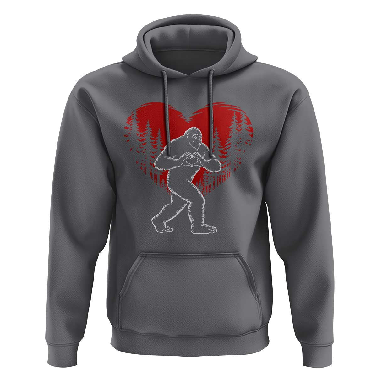 Funny Valentine Bigfoot in Love Heart Hand Sign Hoodie Romantic Sasquatch in Forest Valentines Day
