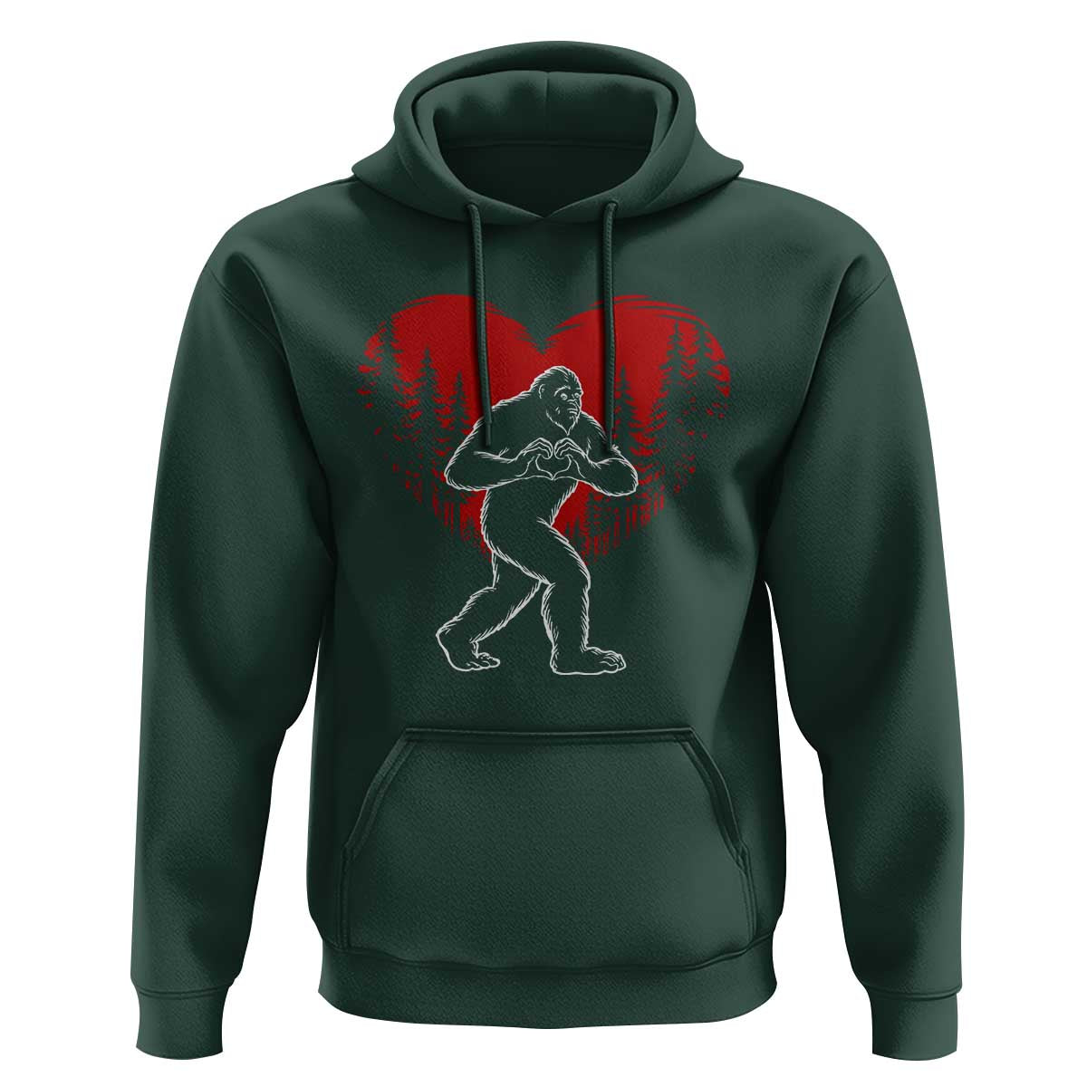 Funny Valentine Bigfoot in Love Heart Hand Sign Hoodie Romantic Sasquatch in Forest Valentines Day