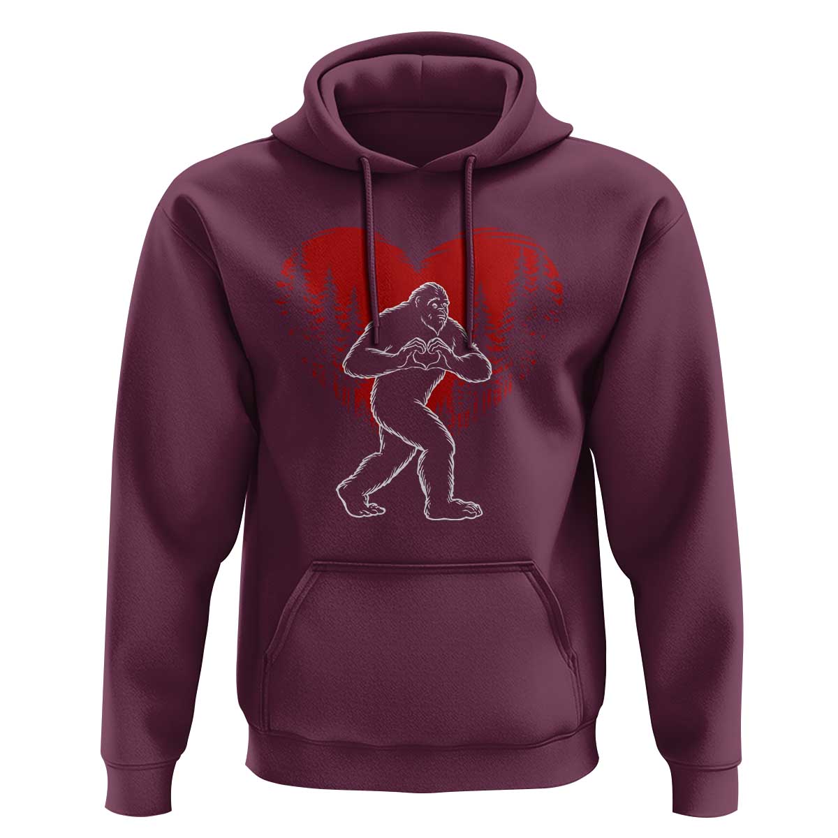 Funny Valentine Bigfoot in Love Heart Hand Sign Hoodie Romantic Sasquatch in Forest Valentines Day