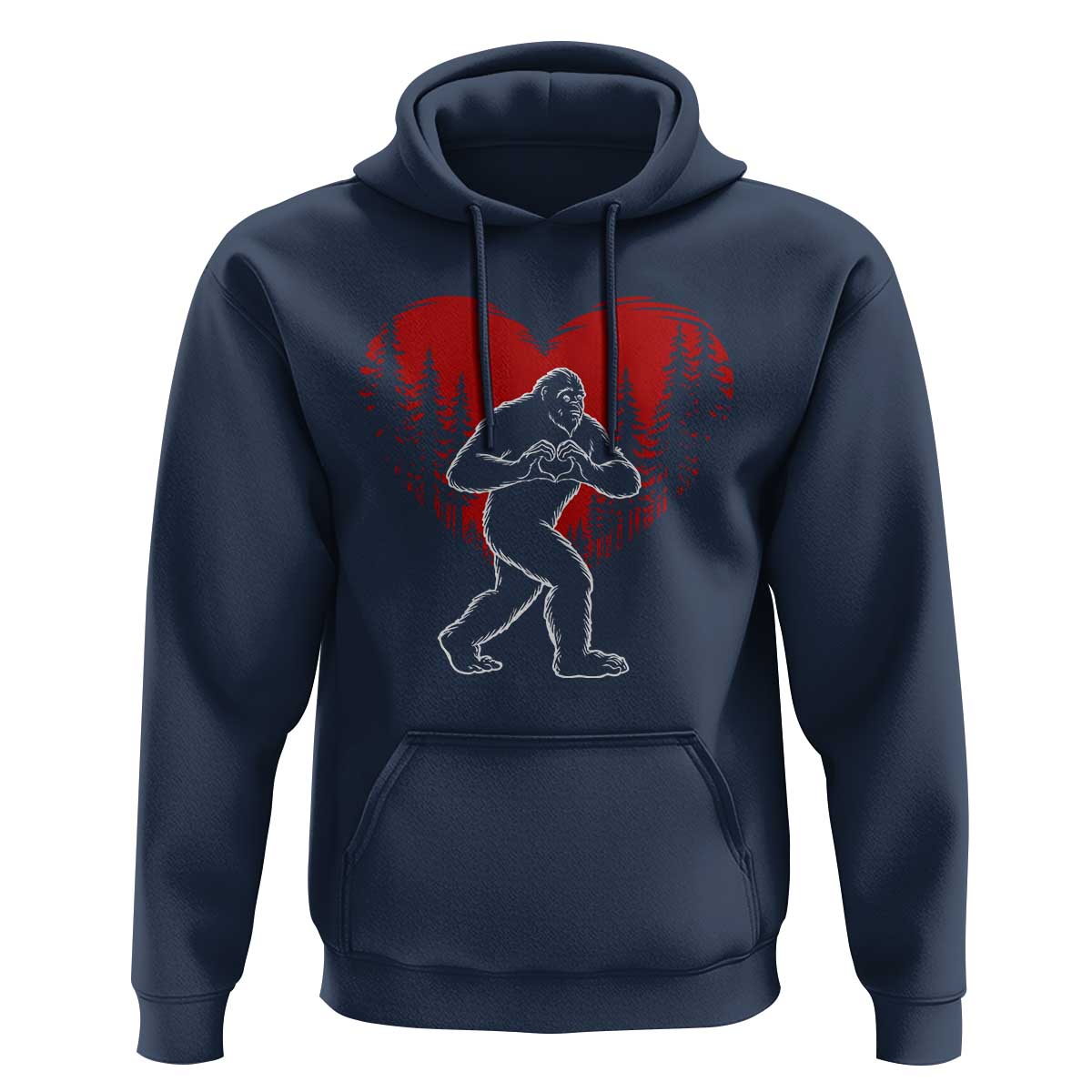 Funny Valentine Bigfoot in Love Heart Hand Sign Hoodie Romantic Sasquatch in Forest Valentines Day