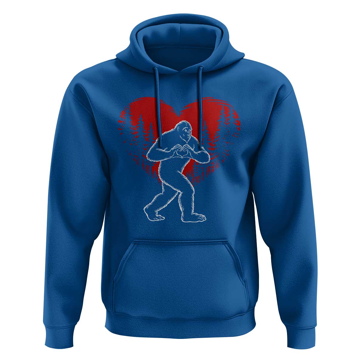 Funny Valentine Bigfoot in Love Heart Hand Sign Hoodie Romantic Sasquatch in Forest Valentines Day