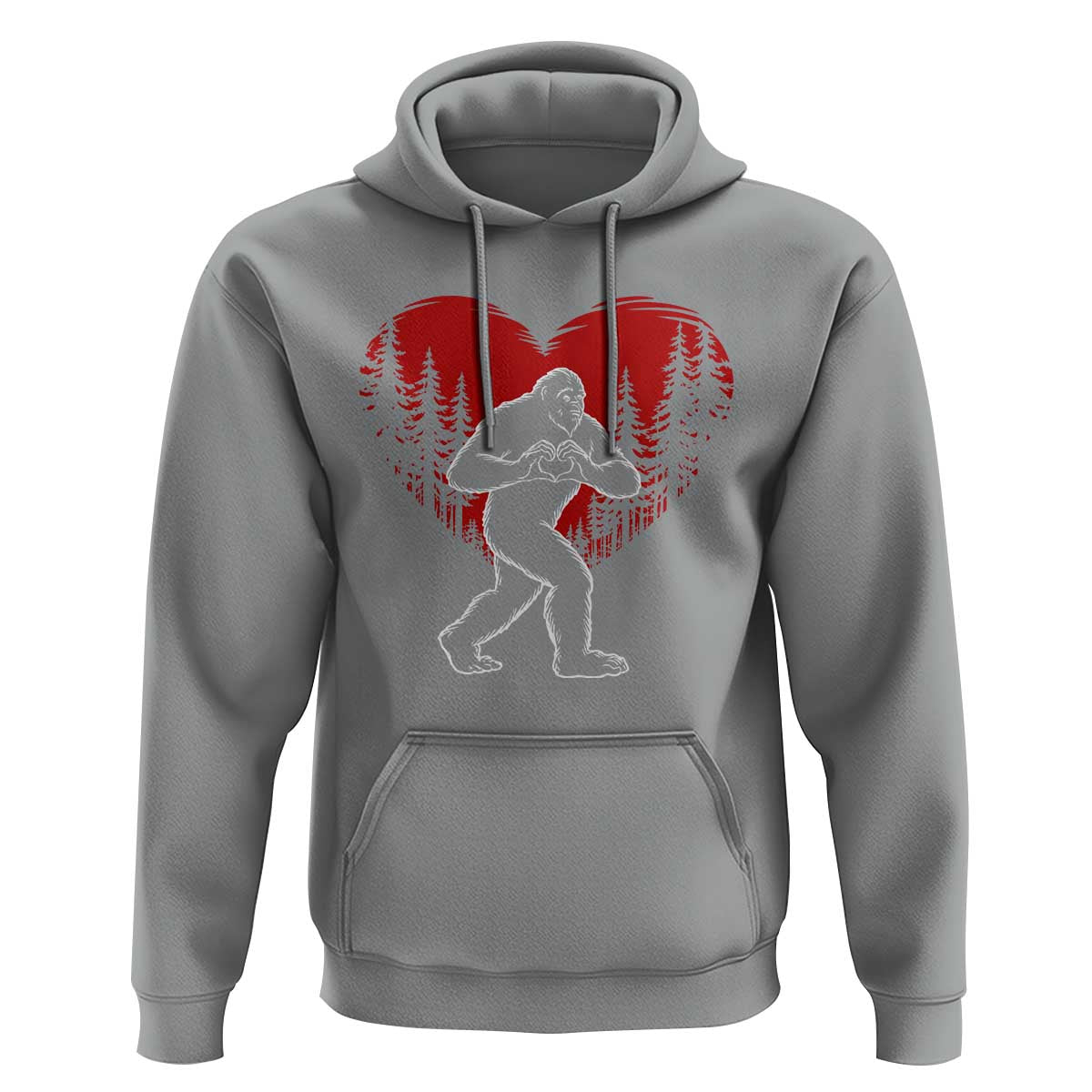 Funny Valentine Bigfoot in Love Heart Hand Sign Hoodie Romantic Sasquatch in Forest Valentines Day