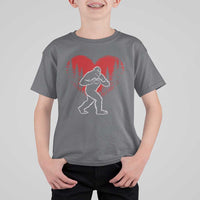 Funny Valentine Bigfoot in Love Heart Hand Sign T Shirt For Kid Romantic Sasquatch in Forest Valentines Day