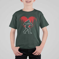 Funny Valentine Bigfoot in Love Heart Hand Sign T Shirt For Kid Romantic Sasquatch in Forest Valentines Day