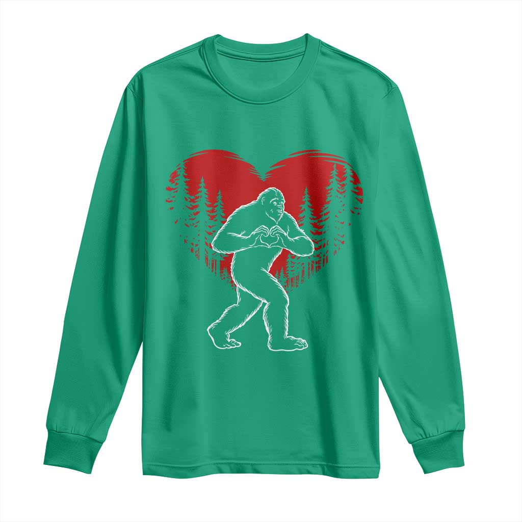 Funny Valentine Bigfoot in Love Heart Hand Sign Long Sleeve Shirt Romantic Sasquatch in Forest Valentines Day