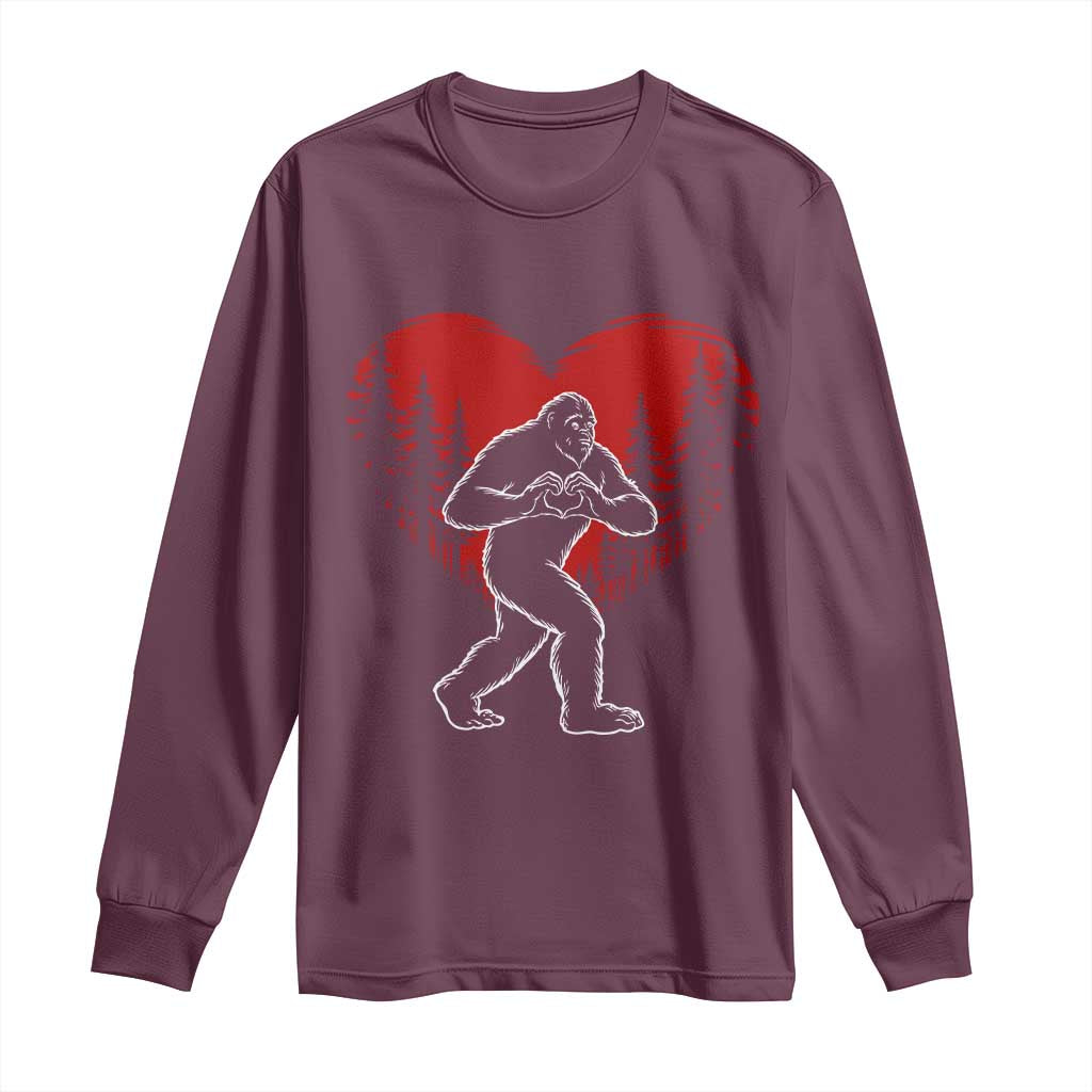 Funny Valentine Bigfoot in Love Heart Hand Sign Long Sleeve Shirt Romantic Sasquatch in Forest Valentines Day