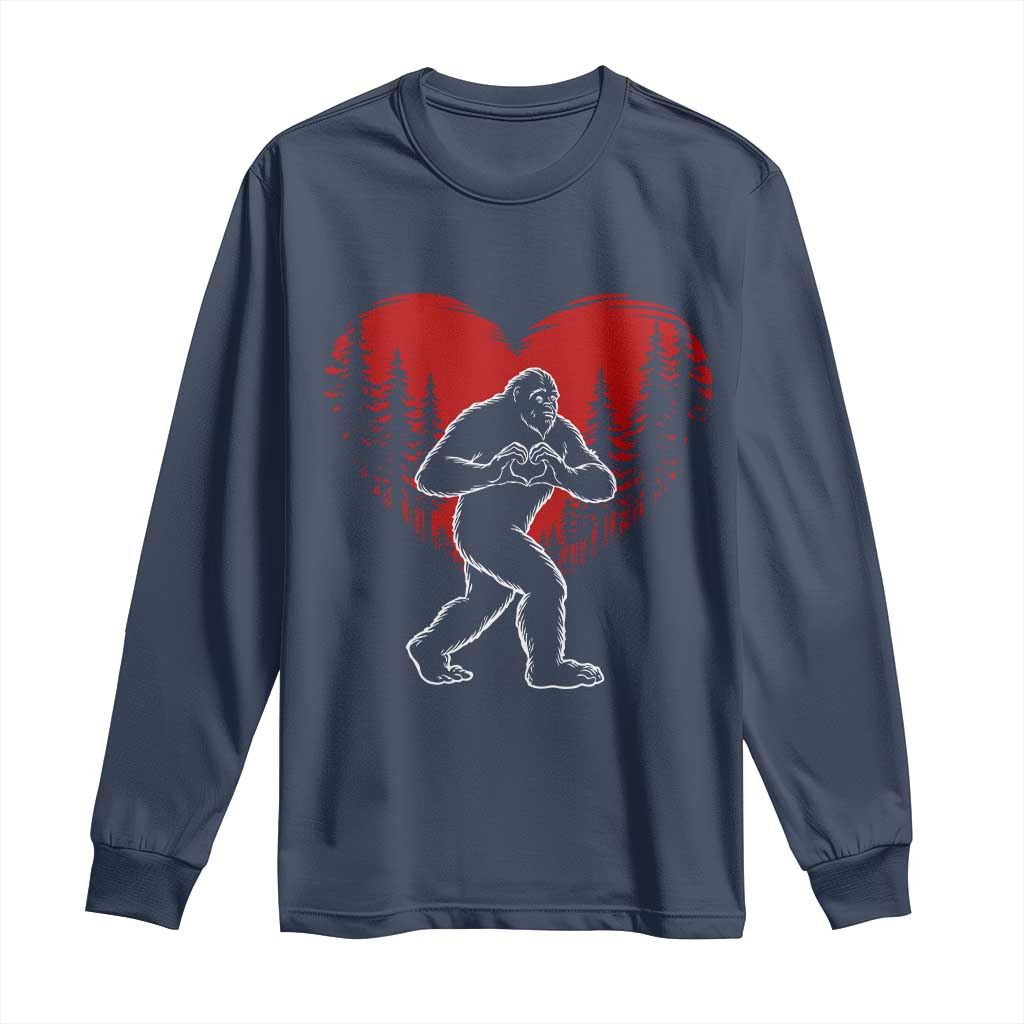 Funny Valentine Bigfoot in Love Heart Hand Sign Long Sleeve Shirt Romantic Sasquatch in Forest Valentines Day