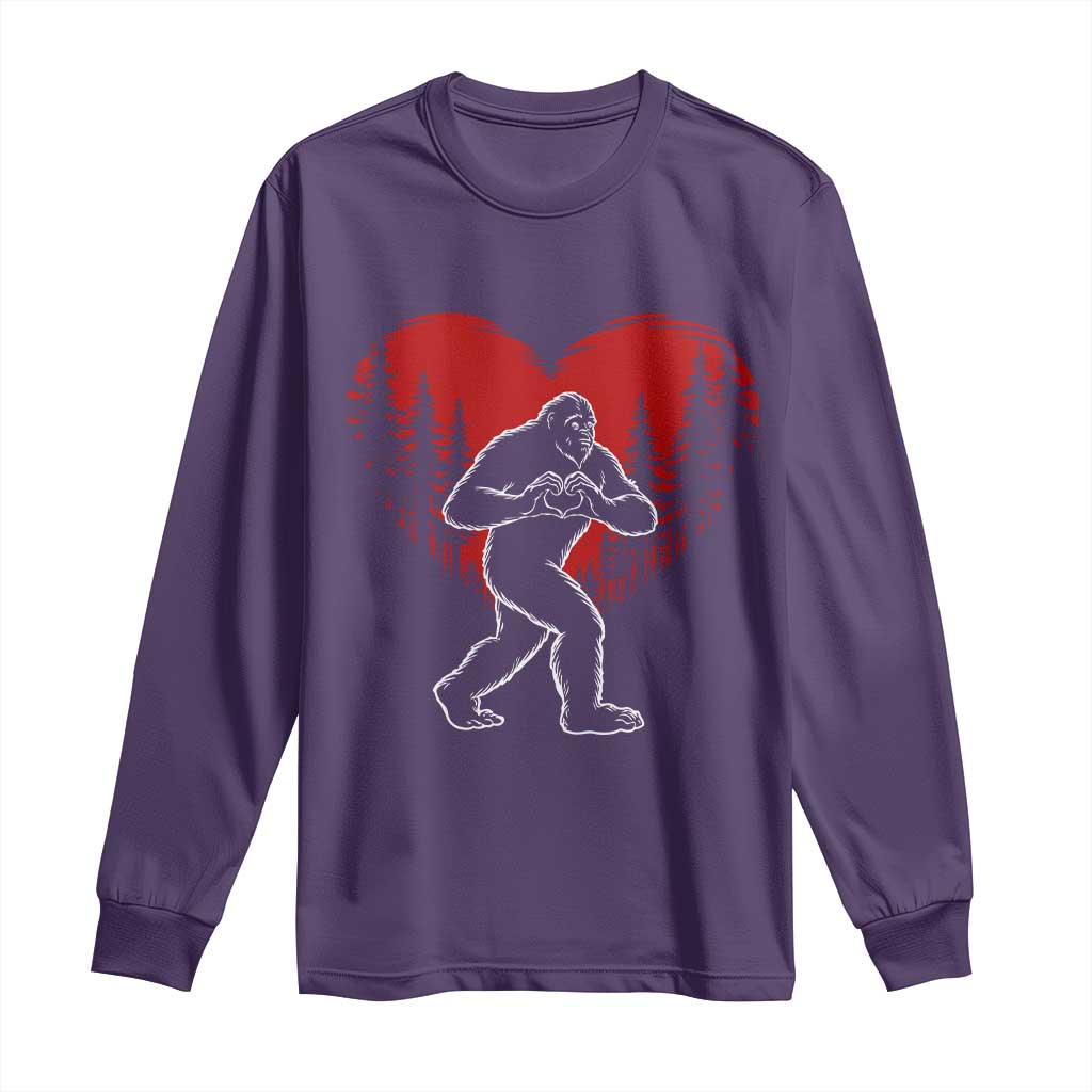 Funny Valentine Bigfoot in Love Heart Hand Sign Long Sleeve Shirt Romantic Sasquatch in Forest Valentines Day