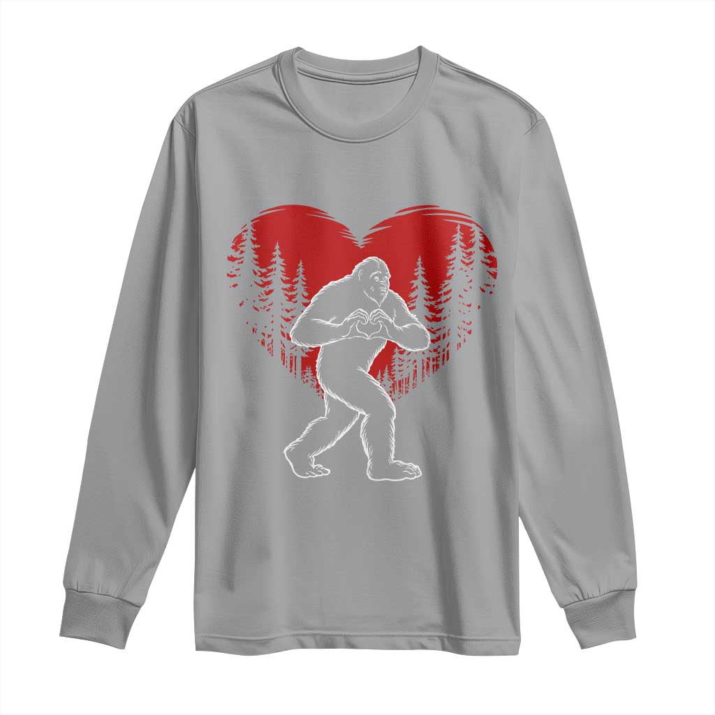 Funny Valentine Bigfoot in Love Heart Hand Sign Long Sleeve Shirt Romantic Sasquatch in Forest Valentines Day