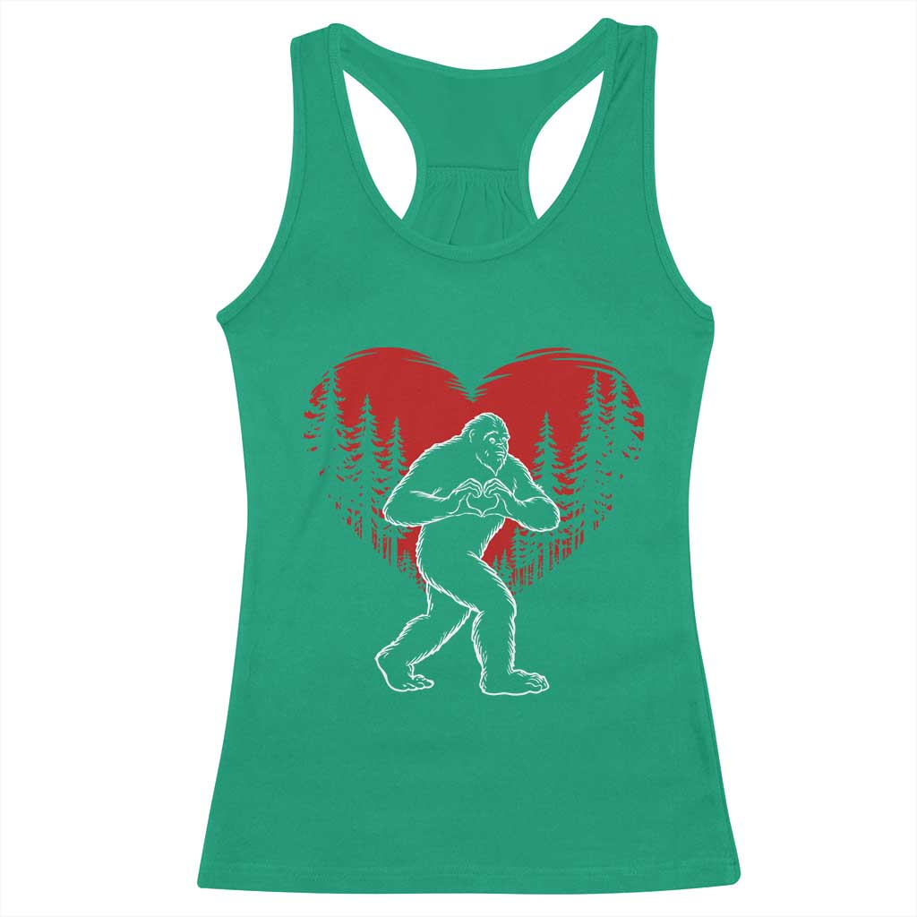 Funny Valentine Bigfoot in Love Heart Hand Sign Racerback Tank Top Romantic Sasquatch in Forest Valentines Day