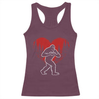 Funny Valentine Bigfoot in Love Heart Hand Sign Racerback Tank Top Romantic Sasquatch in Forest Valentines Day