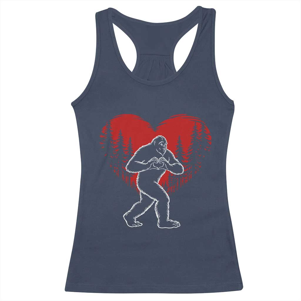 Funny Valentine Bigfoot in Love Heart Hand Sign Racerback Tank Top Romantic Sasquatch in Forest Valentines Day