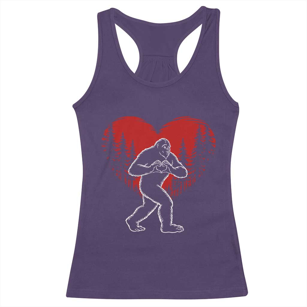 Funny Valentine Bigfoot in Love Heart Hand Sign Racerback Tank Top Romantic Sasquatch in Forest Valentines Day