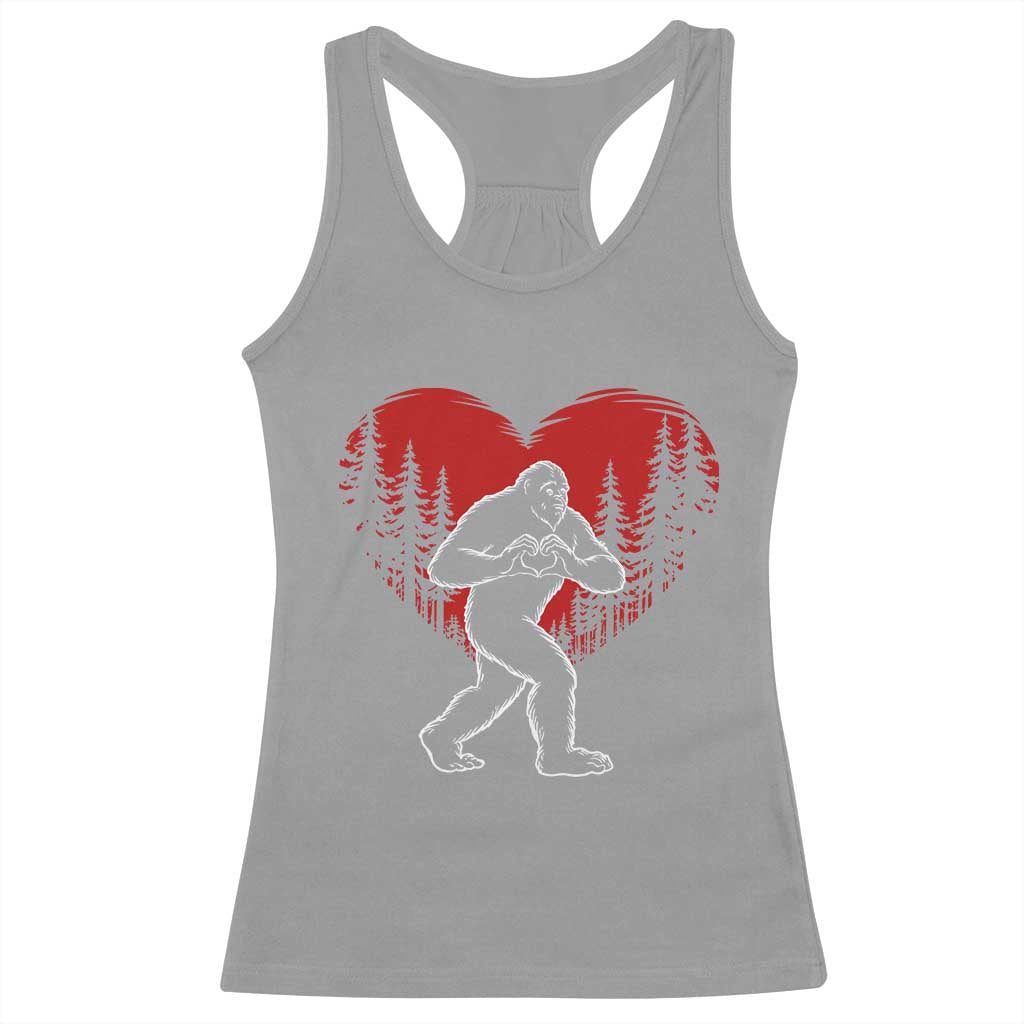 Funny Valentine Bigfoot in Love Heart Hand Sign Racerback Tank Top Romantic Sasquatch in Forest Valentines Day
