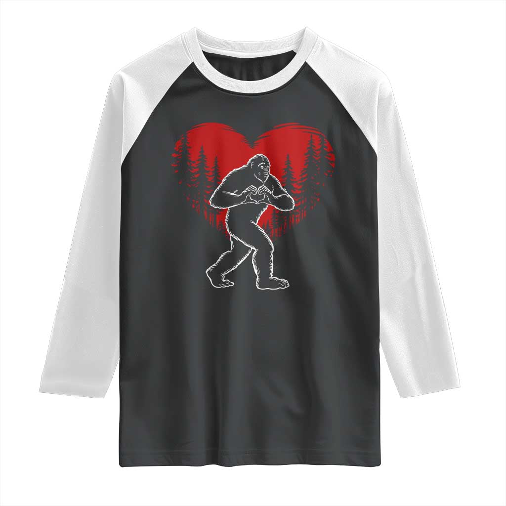 Funny Valentine Bigfoot in Love Heart Hand Sign Raglan Shirt Romantic Sasquatch in Forest Valentines Day