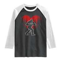 Funny Valentine Bigfoot in Love Heart Hand Sign Raglan Shirt Romantic Sasquatch in Forest Valentines Day