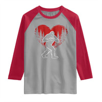 Funny Valentine Bigfoot in Love Heart Hand Sign Raglan Shirt Romantic Sasquatch in Forest Valentines Day