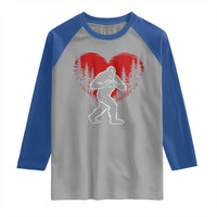 Funny Valentine Bigfoot in Love Heart Hand Sign Raglan Shirt Romantic Sasquatch in Forest Valentines Day