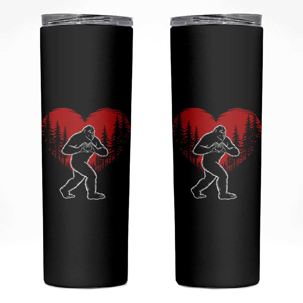Funny Valentine Bigfoot in Love Heart Hand Sign Skinny Tumbler Romantic Sasquatch in Forest Valentines Day