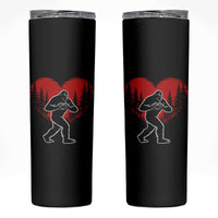 Funny Valentine Bigfoot in Love Heart Hand Sign Skinny Tumbler Romantic Sasquatch in Forest Valentines Day