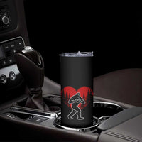 Funny Valentine Bigfoot in Love Heart Hand Sign Skinny Tumbler Romantic Sasquatch in Forest Valentines Day