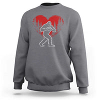 Funny Valentine Bigfoot in Love Heart Hand Sign Sweatshirt Romantic Sasquatch in Forest Valentines Day