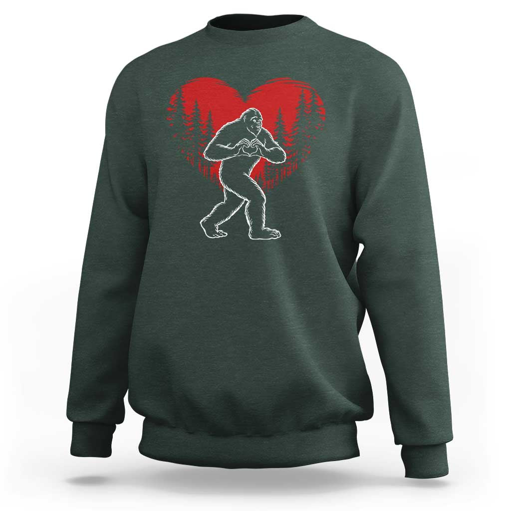 Funny Valentine Bigfoot in Love Heart Hand Sign Sweatshirt Romantic Sasquatch in Forest Valentines Day