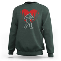 Funny Valentine Bigfoot in Love Heart Hand Sign Sweatshirt Romantic Sasquatch in Forest Valentines Day