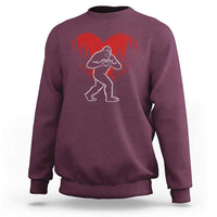 Funny Valentine Bigfoot in Love Heart Hand Sign Sweatshirt Romantic Sasquatch in Forest Valentines Day