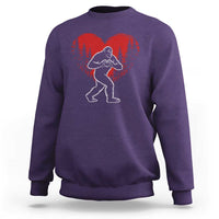 Funny Valentine Bigfoot in Love Heart Hand Sign Sweatshirt Romantic Sasquatch in Forest Valentines Day