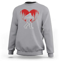 Funny Valentine Bigfoot in Love Heart Hand Sign Sweatshirt Romantic Sasquatch in Forest Valentines Day