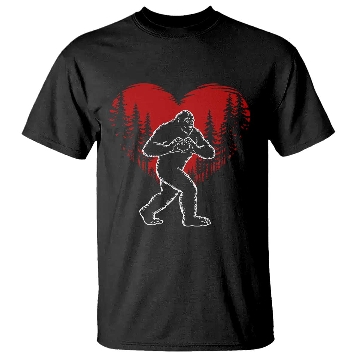 Funny Valentine Bigfoot in Love Heart Hand Sign T Shirt Romantic Sasquatch in Forest Valentines Day