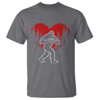 Funny Valentine Bigfoot in Love Heart Hand Sign T Shirt Romantic Sasquatch in Forest Valentines Day