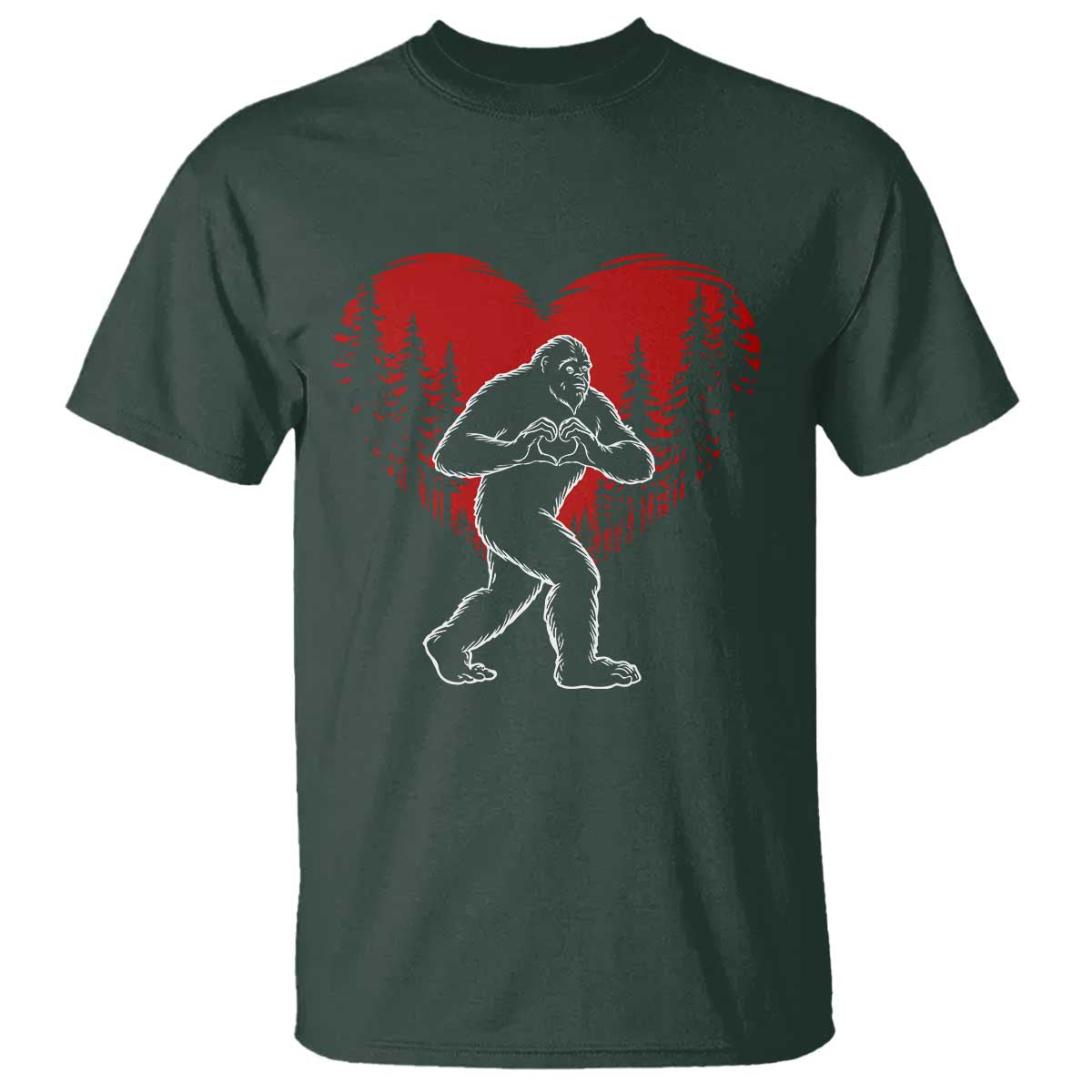 Funny Valentine Bigfoot in Love Heart Hand Sign T Shirt Romantic Sasquatch in Forest Valentines Day