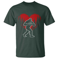Funny Valentine Bigfoot in Love Heart Hand Sign T Shirt Romantic Sasquatch in Forest Valentines Day
