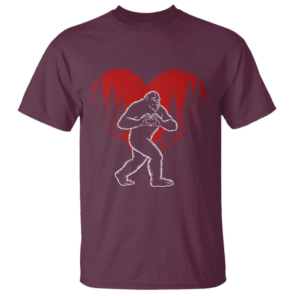 Funny Valentine Bigfoot in Love Heart Hand Sign T Shirt Romantic Sasquatch in Forest Valentines Day
