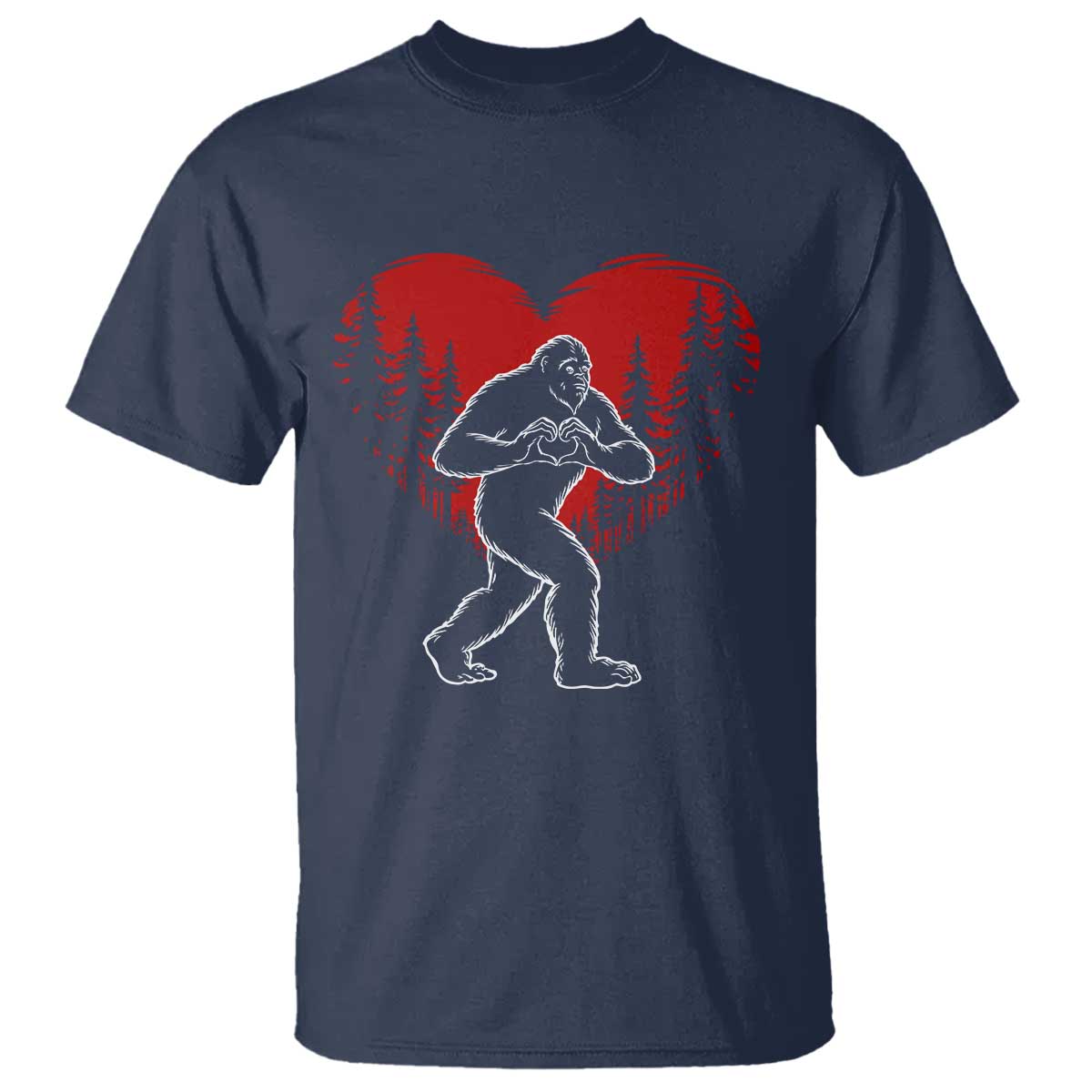 Funny Valentine Bigfoot in Love Heart Hand Sign T Shirt Romantic Sasquatch in Forest Valentines Day
