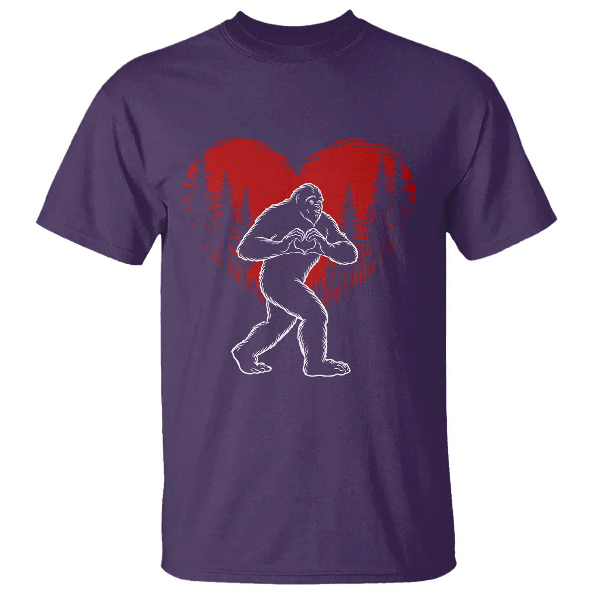 Funny Valentine Bigfoot in Love Heart Hand Sign T Shirt Romantic Sasquatch in Forest Valentines Day