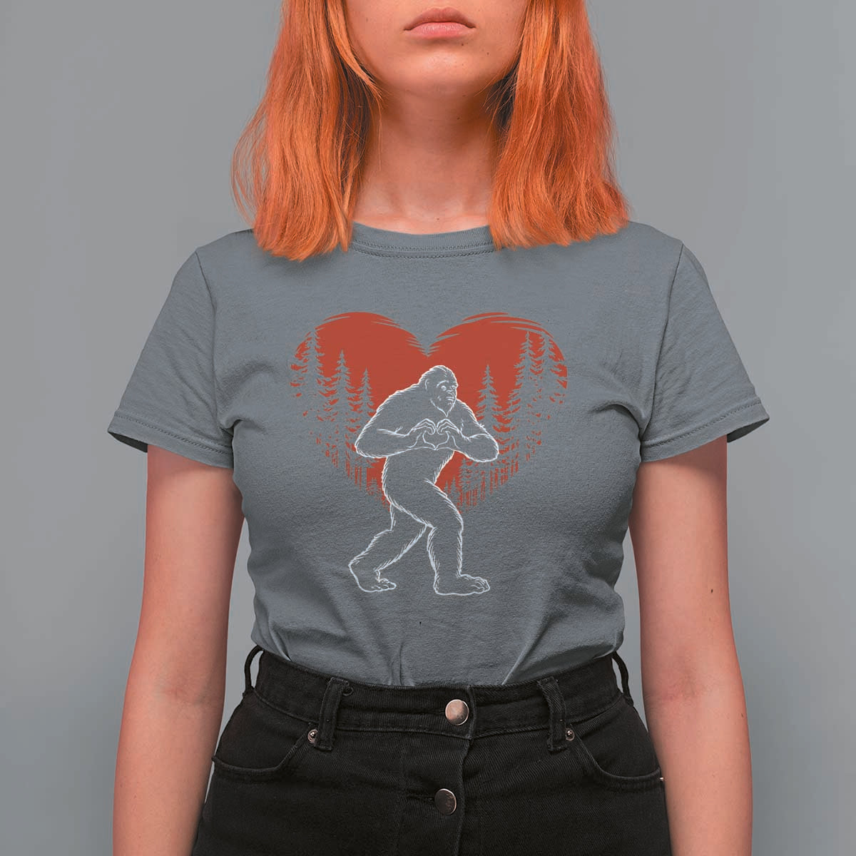 Funny Valentine Bigfoot in Love Heart Hand Sign T Shirt For Women Romantic Sasquatch in Forest Valentines Day