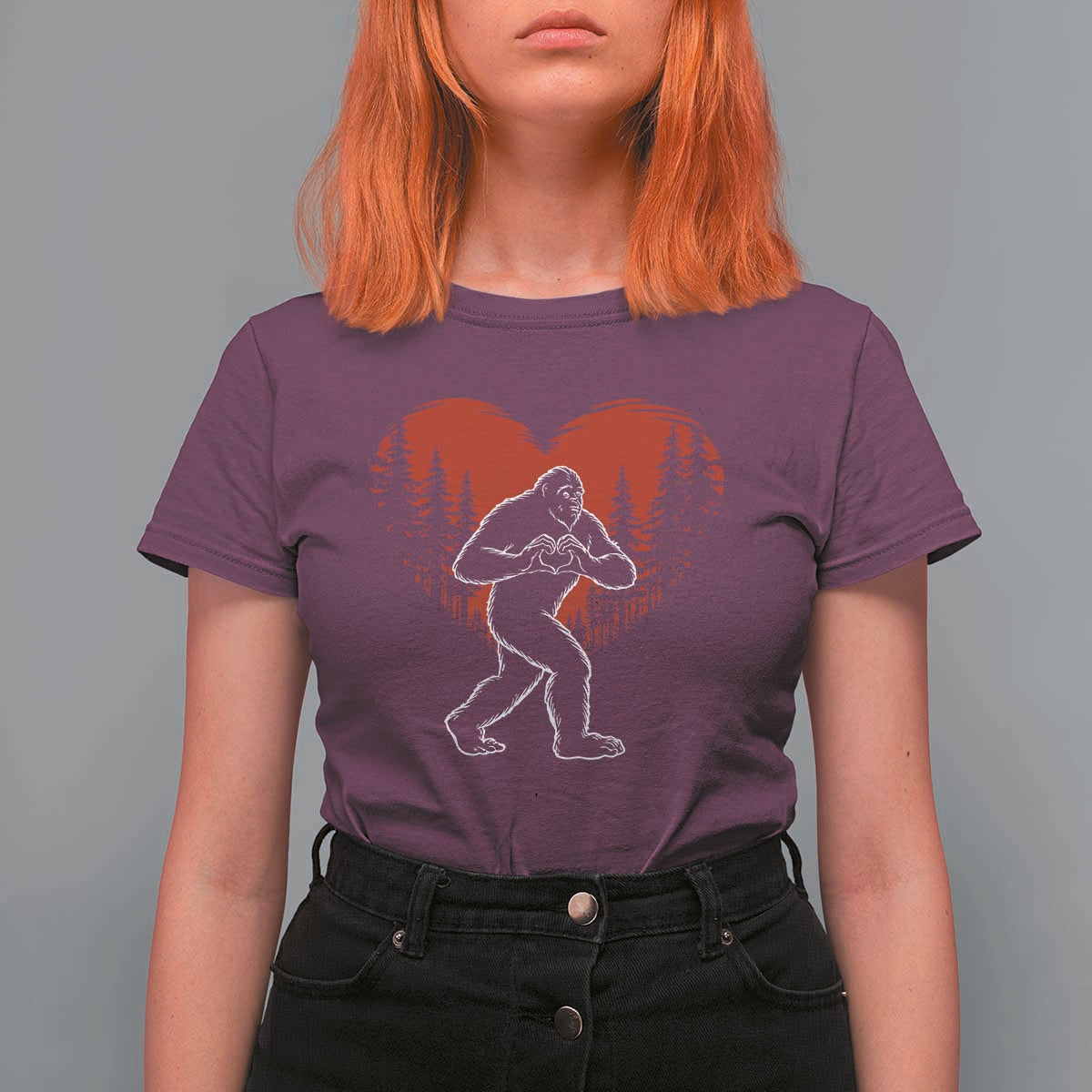 Funny Valentine Bigfoot in Love Heart Hand Sign T Shirt For Women Romantic Sasquatch in Forest Valentines Day