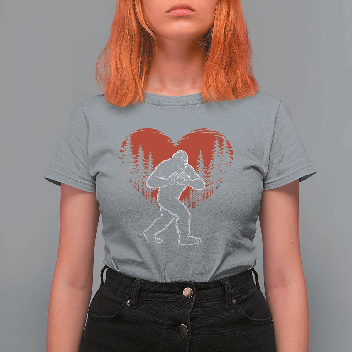 Funny Valentine Bigfoot in Love Heart Hand Sign T Shirt For Women Romantic Sasquatch in Forest Valentines Day