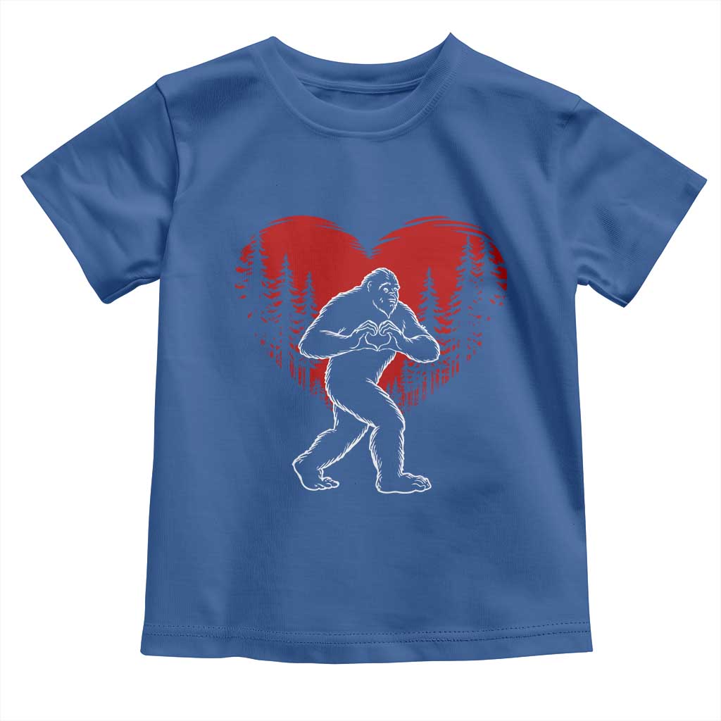 Funny Valentine Bigfoot in Love Heart Hand Sign Toddler T Shirt Romantic Sasquatch in Forest Valentines Day