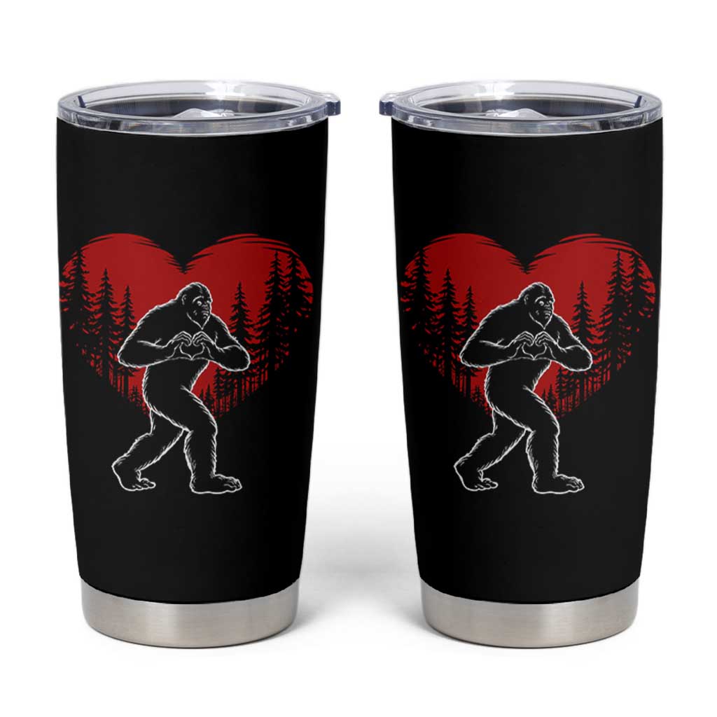Funny Valentine Bigfoot in Love Heart Hand Sign Tumbler Cup Romantic Sasquatch in Forest Valentines Day