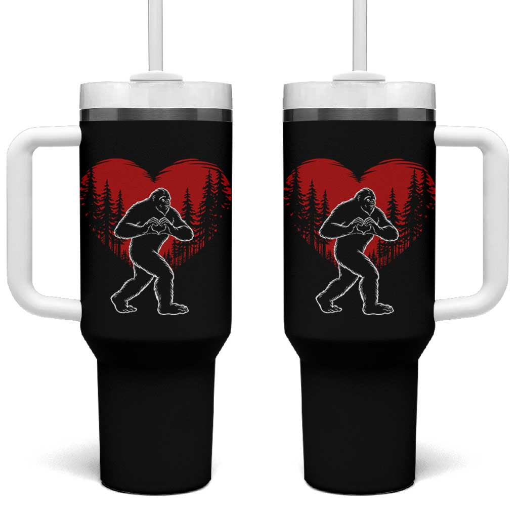 Funny Valentine Bigfoot in Love Heart Hand Sign Tumbler With Handle Romantic Sasquatch in Forest Valentines Day