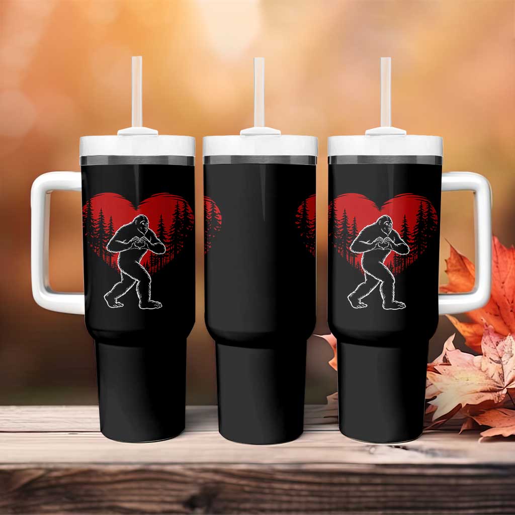 Funny Valentine Bigfoot in Love Heart Hand Sign Tumbler With Handle Romantic Sasquatch in Forest Valentines Day