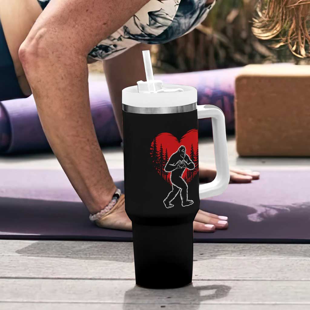 Funny Valentine Bigfoot in Love Heart Hand Sign Tumbler With Handle Romantic Sasquatch in Forest Valentines Day