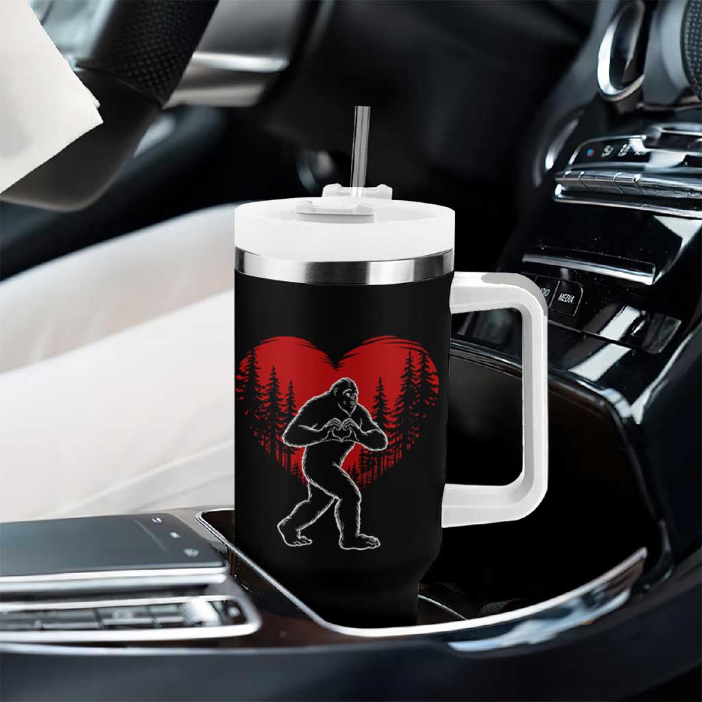 Funny Valentine Bigfoot in Love Heart Hand Sign Tumbler With Handle Romantic Sasquatch in Forest Valentines Day