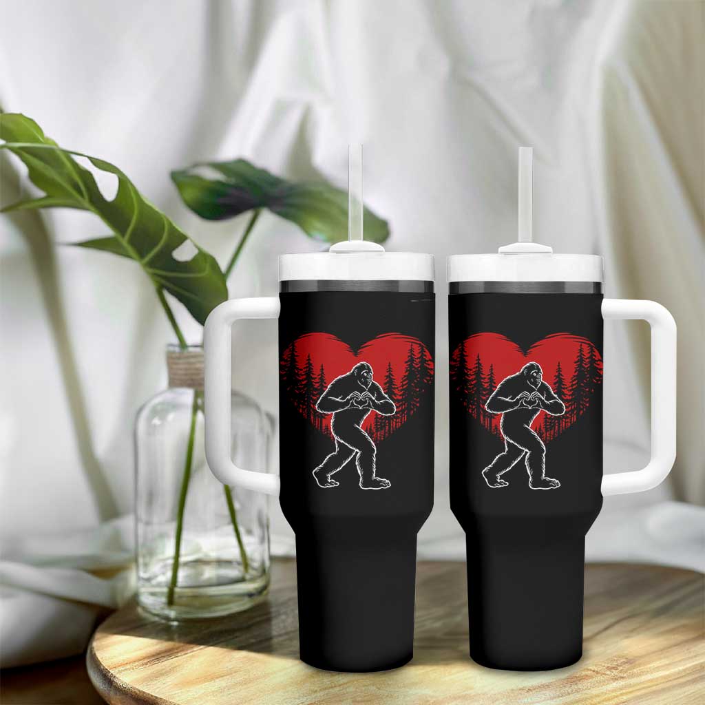 Funny Valentine Bigfoot in Love Heart Hand Sign Tumbler With Handle Romantic Sasquatch in Forest Valentines Day
