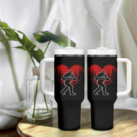Funny Valentine Bigfoot in Love Heart Hand Sign Tumbler With Handle Romantic Sasquatch in Forest Valentines Day