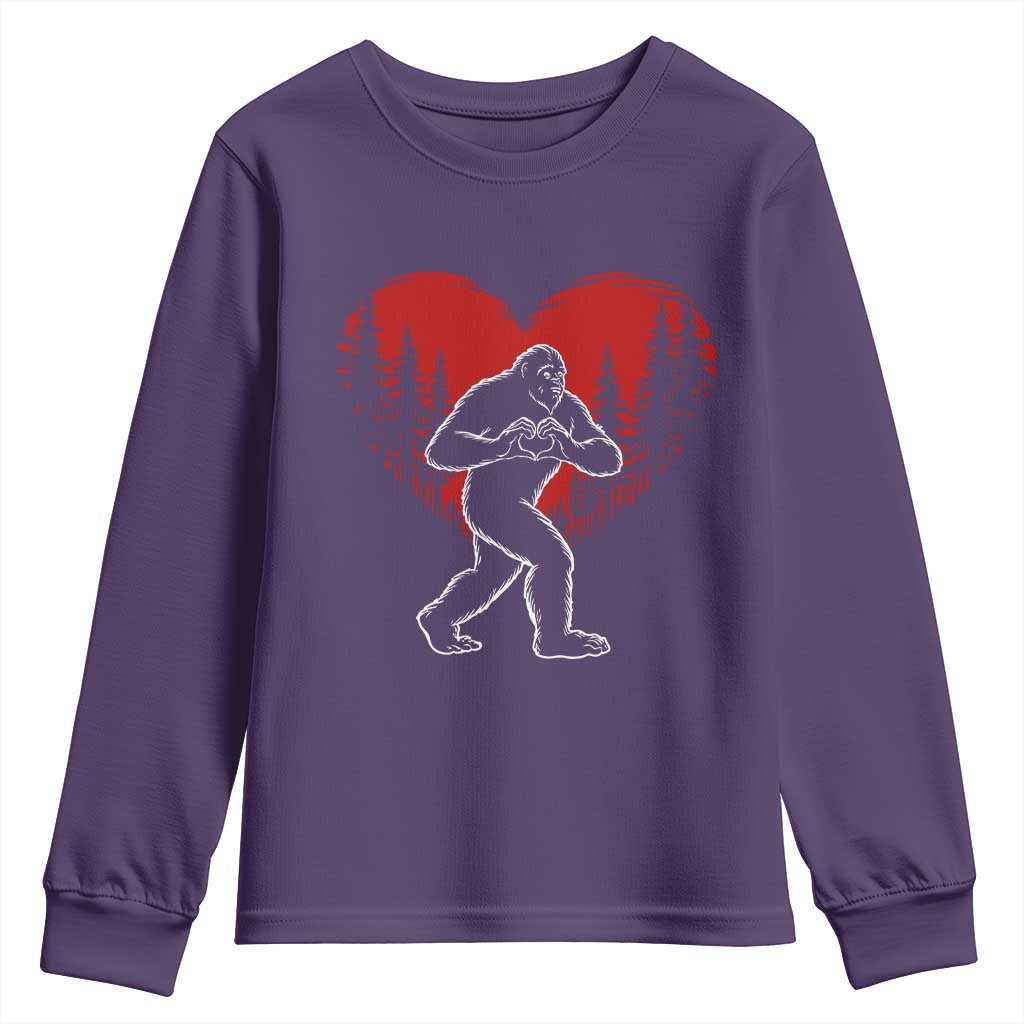 Funny Valentine Bigfoot in Love Heart Hand Sign Youth Sweatshirt Romantic Sasquatch in Forest Valentines Day